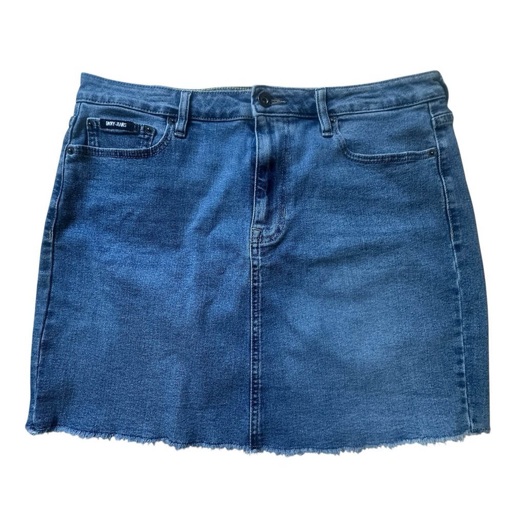 DKNY Skirt Women's Size 12 Blue Denim Jean Mid Rise 35 Inch Frayed Raw Hem